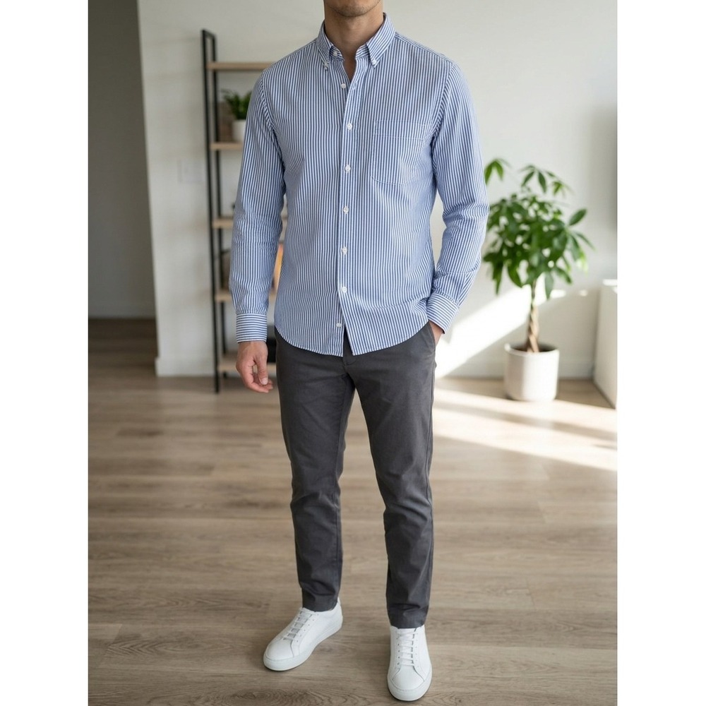Uniqlo Mens Oxford Shirt S Blue White Striped Long Sleeve Button Down 100%cotton